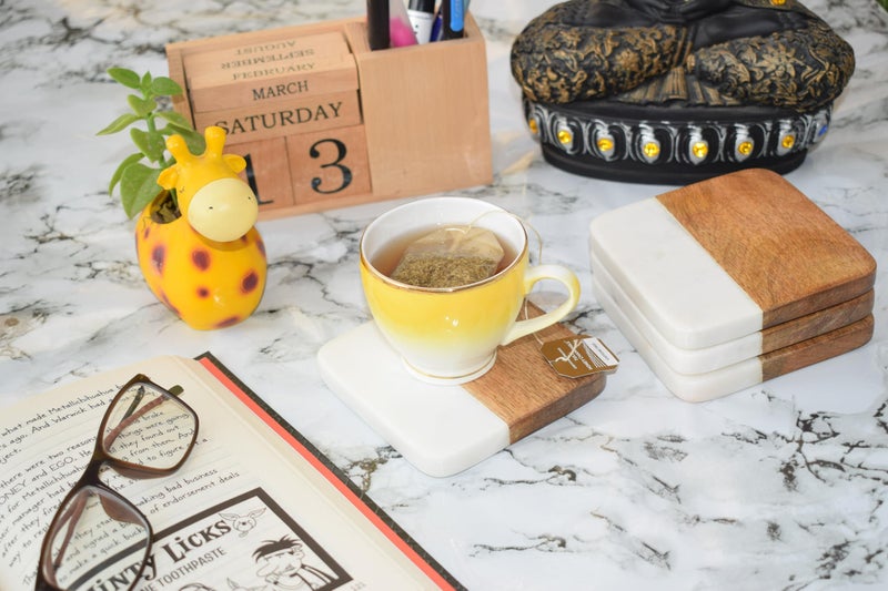 Frescorr (TM) - Luxurious Atelier Marble and Wood Set of 4 Coasters, 4 x 4 inches for Drinks, Hot/Cold,Coffee Mugs, Beer Cans,Bar Glasses. Tea Table/Bar Coasters (Square) - Image 1